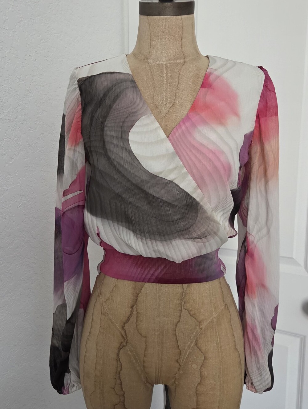Express Pink, Gray & White Sheer Wrap Blouse